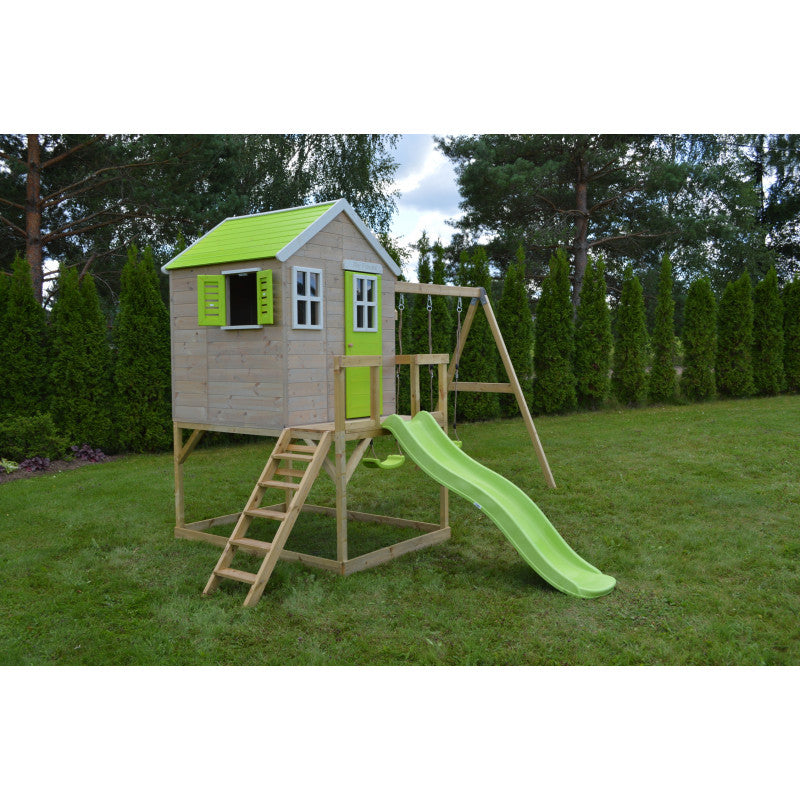 Casuta de gradina Lime Lodge cu platforma, tobogan si leagan dublu (M28L), Wendi Toys